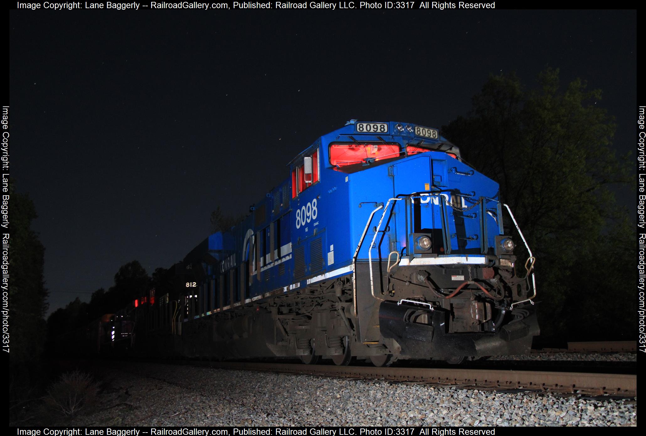NS 8098 is a class GE ES44AC and  is pictured in Sale Creek, Tennessee, United States.  This was taken along the CNO&TP on the Norfolk Southern. Photo Copyright: Lane Baggerly uploaded to Railroad Gallery on 04/23/2024. This photograph of NS 8098 was taken on Monday, April 22, 2024. All Rights Reserved. 